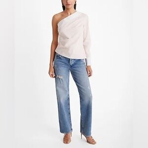 Express Poplin Striped One Shoulder Draped Top Size Medium NWT